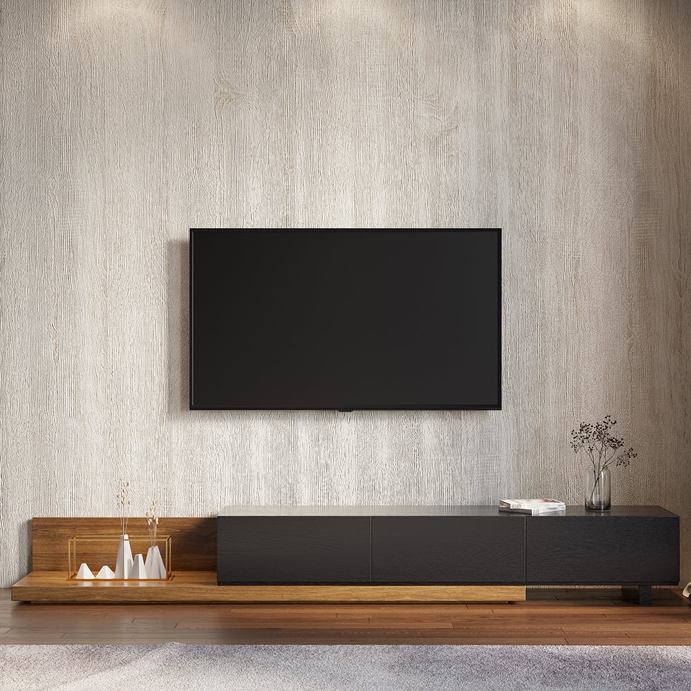 CRATOR Walnut & Black Extendable TV Stand with 3 Drawers