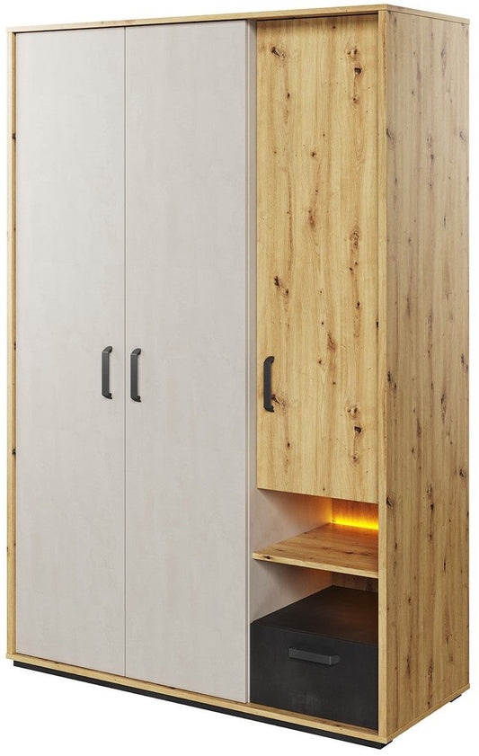 Qubic 03 - خزانة ملابس بثلاثة أبواب من خشب MDF باللون الأبيض والبلوط - 120x50x200 سم.