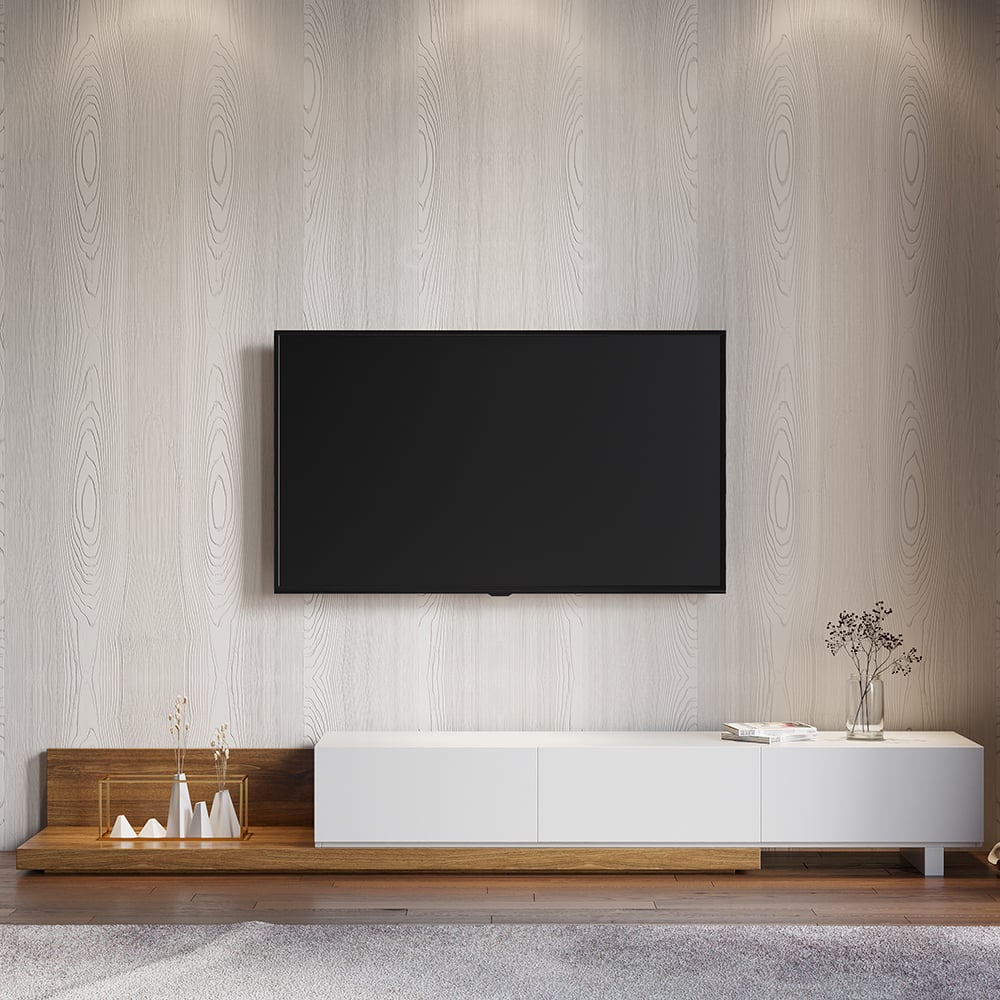 CRATOR Walnut & White Extendable TV Stand with 3 Drawers