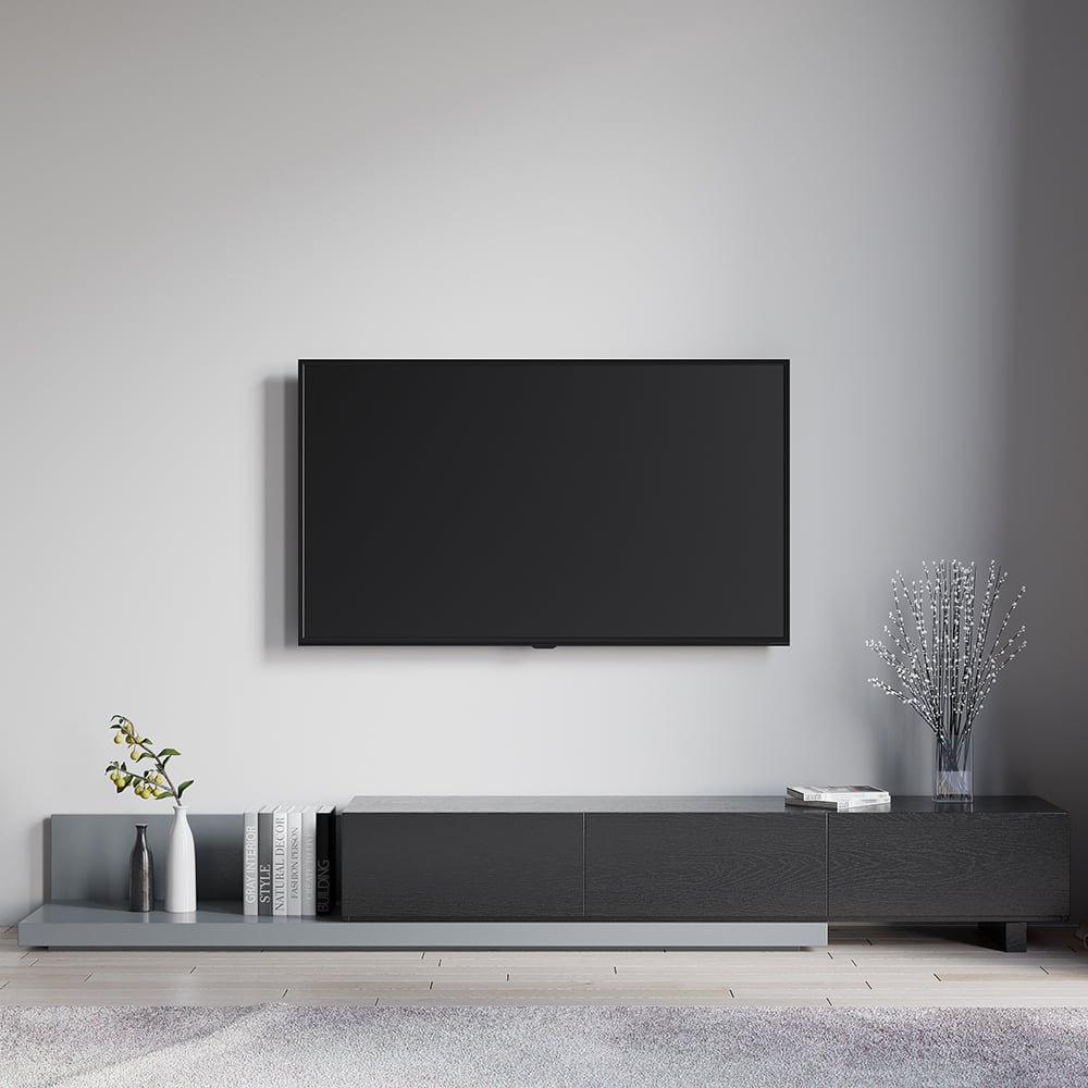 CRATOR Gray & Black Extendable TV Stand with 3 Drawers
