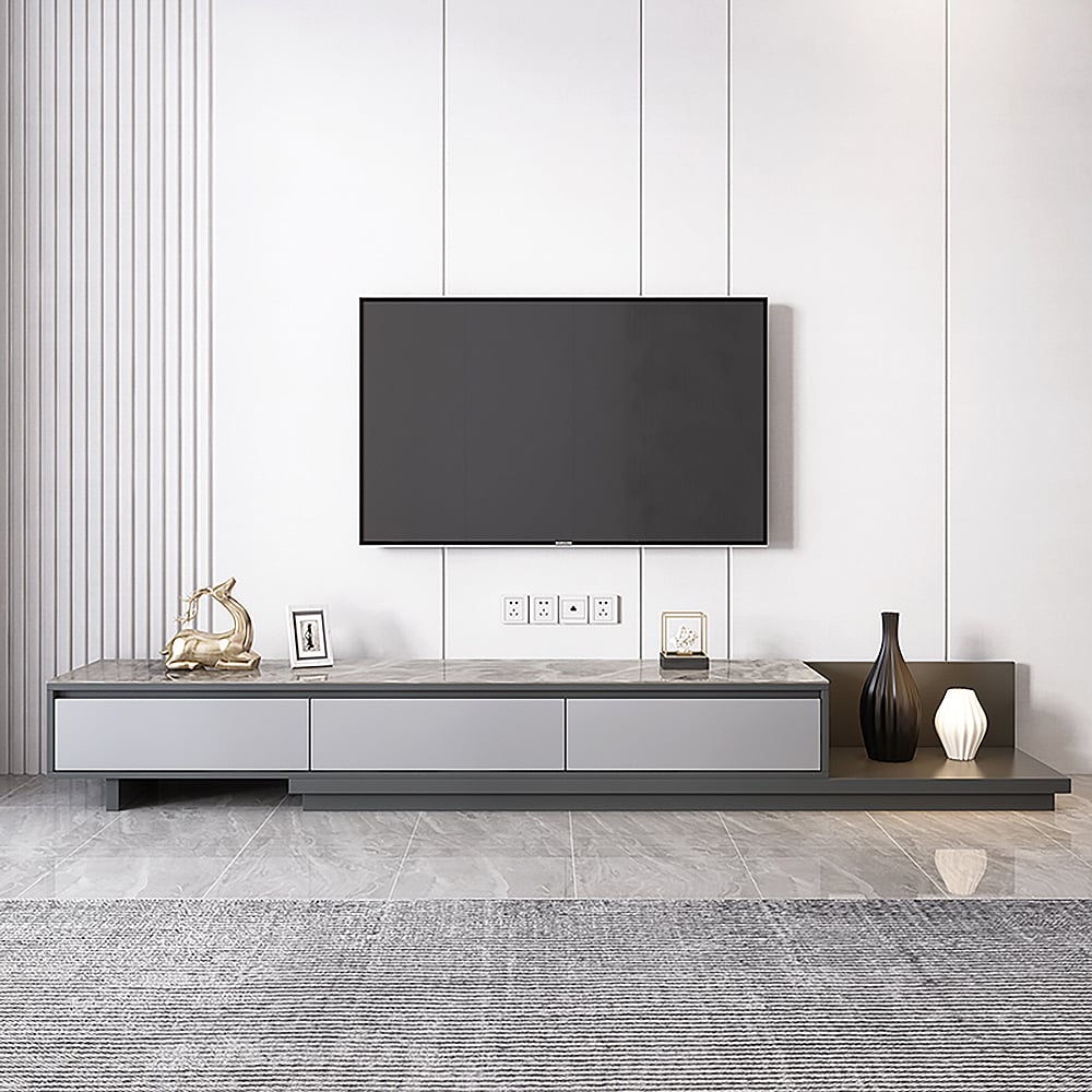 FEROTA Gray (Marble Top Effect) Extendable TV Stand with 3 Drawers