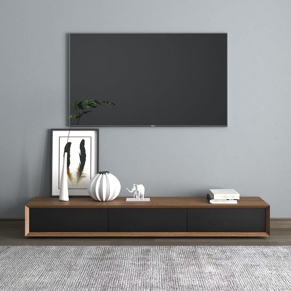 MORAMI Walnut & Black TV Stand with 3 Drawers