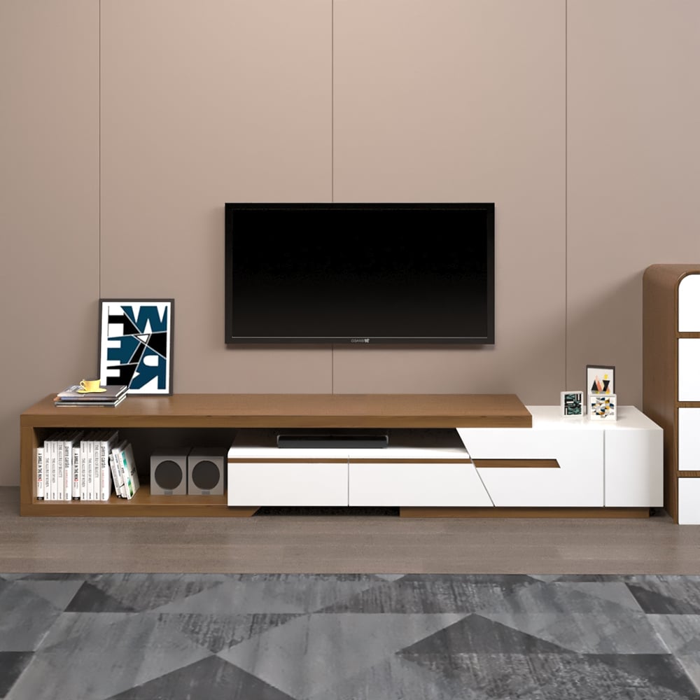 PINKLE Walnut & White Extendable TV Stand with 3 Drawers