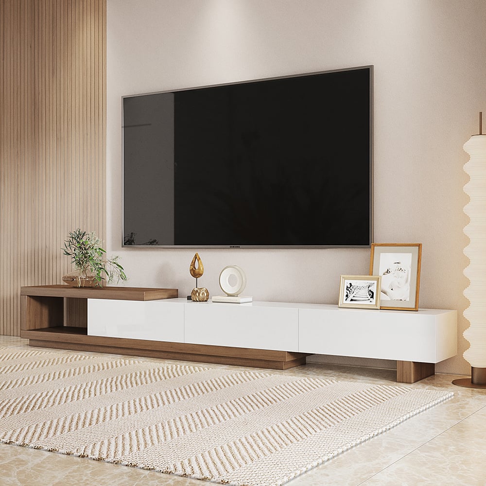 QUINTO Walnut & White Extendable TV Stand with 3 Drawers