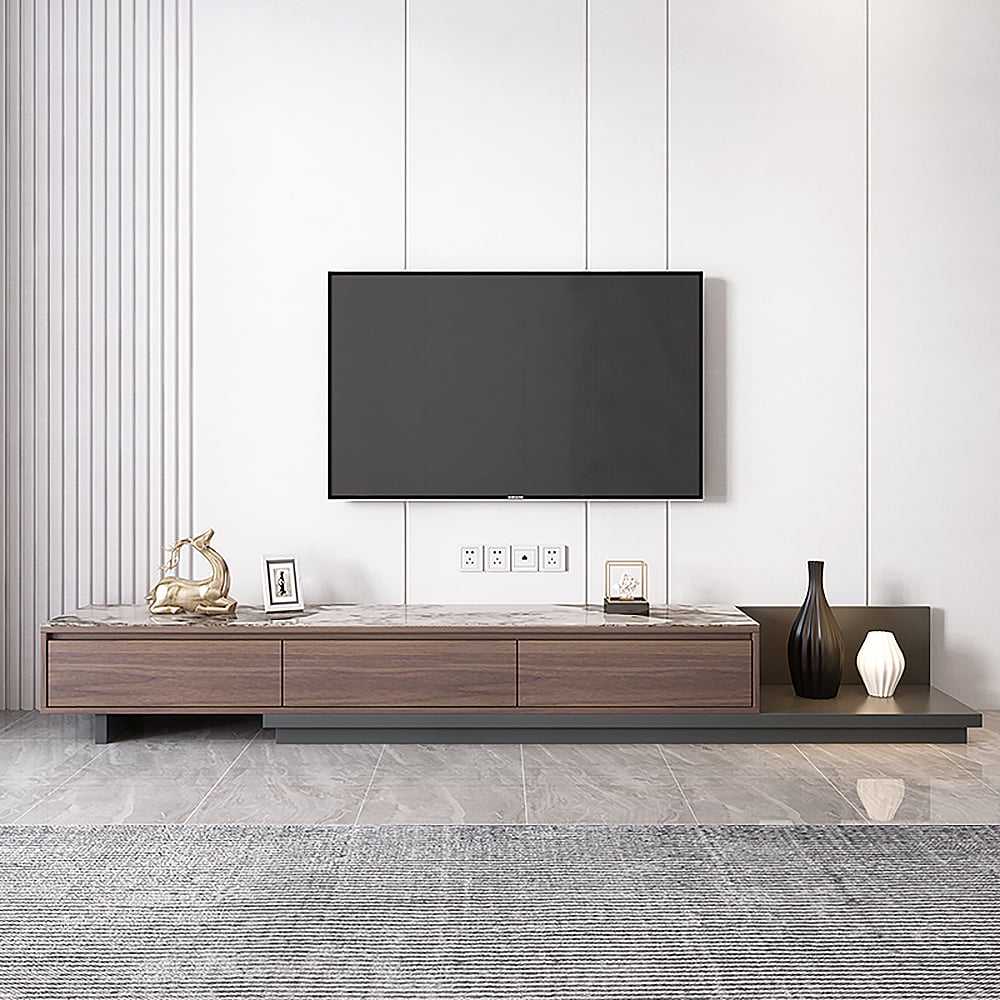 FEROTA Gray & Walnut (Marble Top Effect) Extendable TV Stand with 3 Drawers
