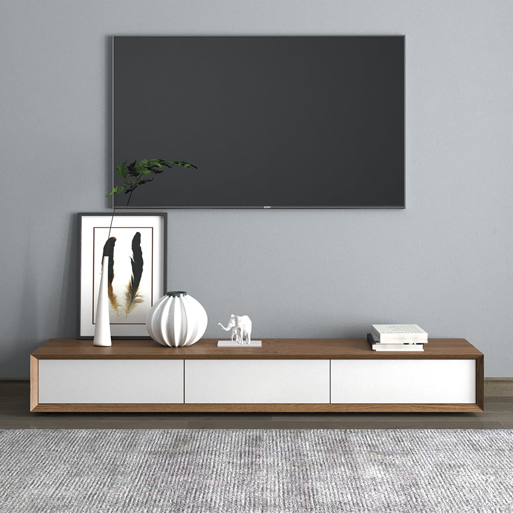 MORAMI Walnut & White TV Stand with 3 Drawers