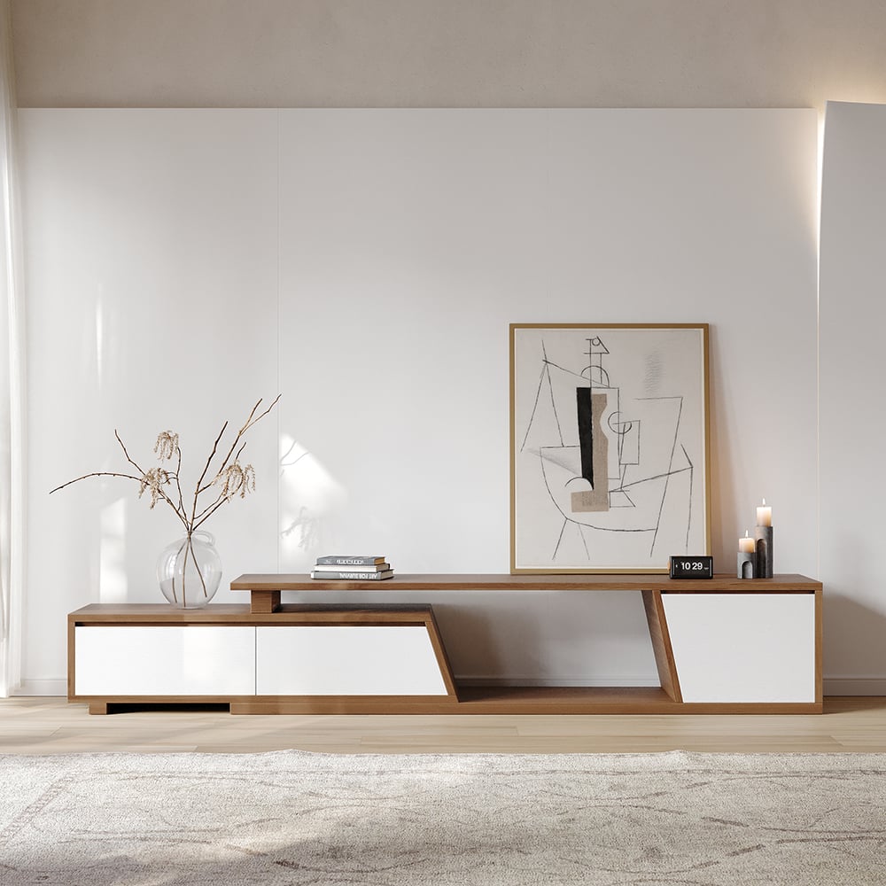 FERO Walnut & White Extendable TV Stand with 3 Drawers