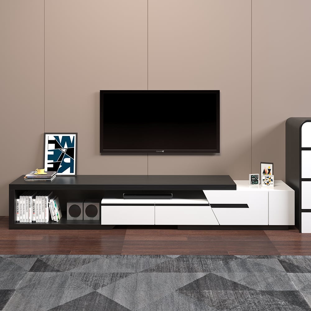 PINKLE Black & White Extendable TV Stand with 3 Drawers