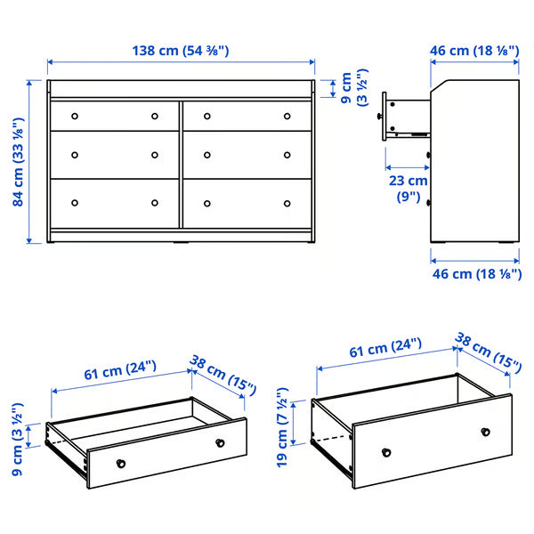 Organix Grey 6 Drawer Unit - 138×46×84cm