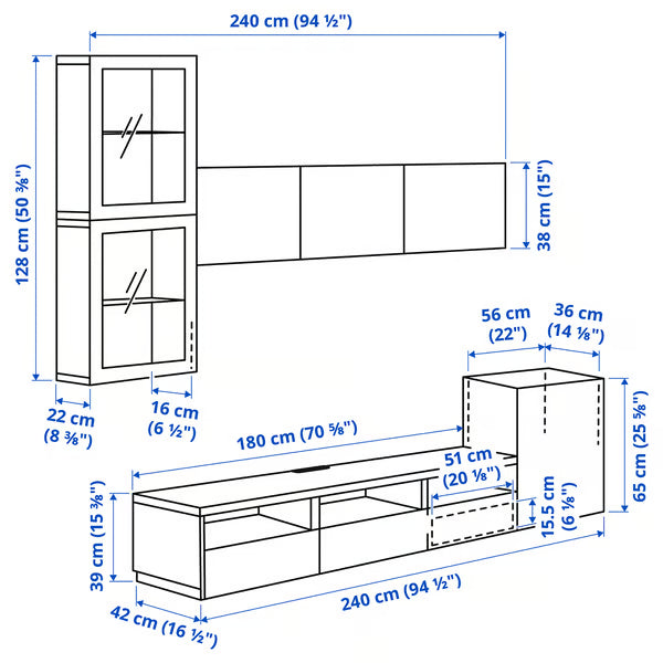Delta TV storage combination with glass doors, 300x42x211cm