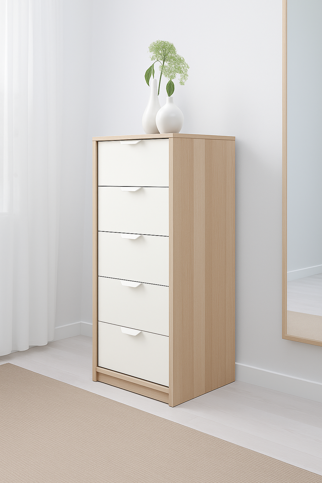 درج وحدة MDF بلوط وأبيض - 40 سم × 43 سم × 104 سم.