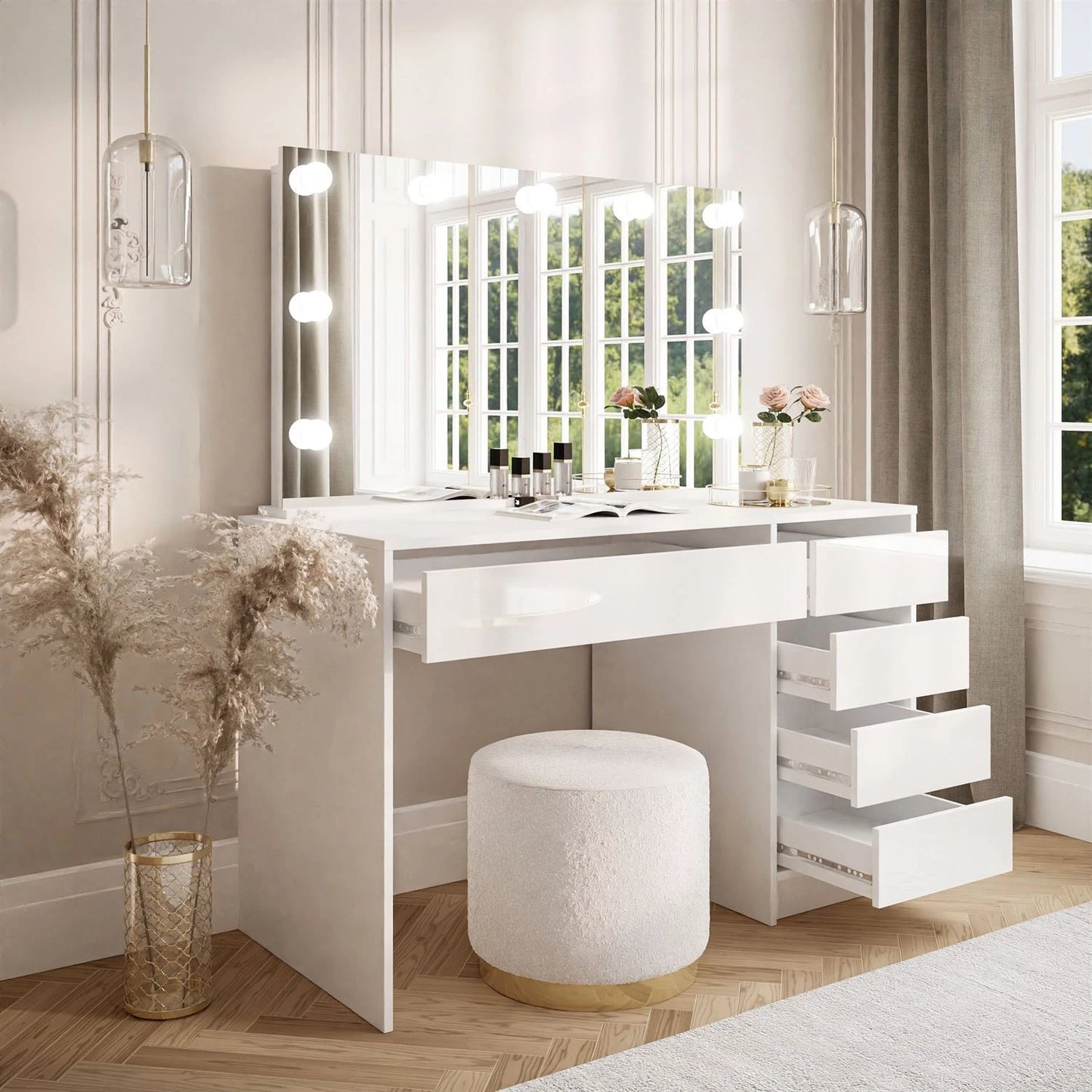 Serena Vanity Table with Mirror & 5 Drawers – 120x55x142cm