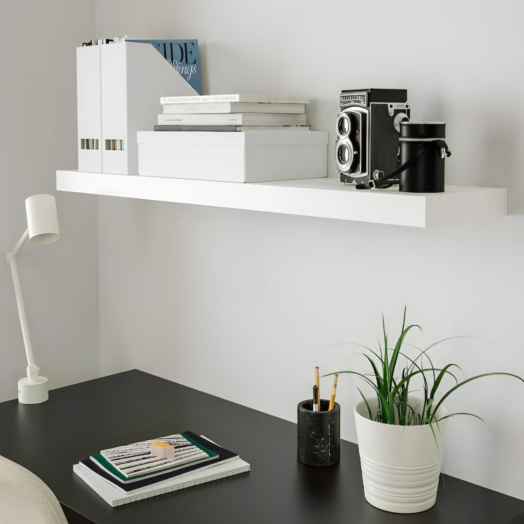 MDF White Wood Wall Shelf - 5cm × 24cm × 110cm.