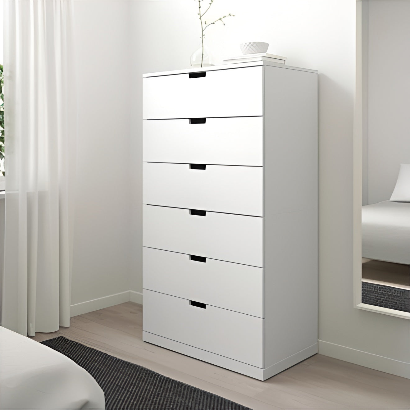 White Chest of 6 Drawer - 146cm × 42cm × 80cm.