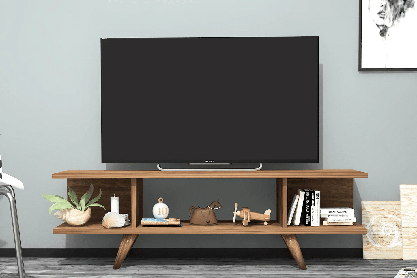 Walnut TV Stand with Shelf & 3 Storage Units,120x30x40cm