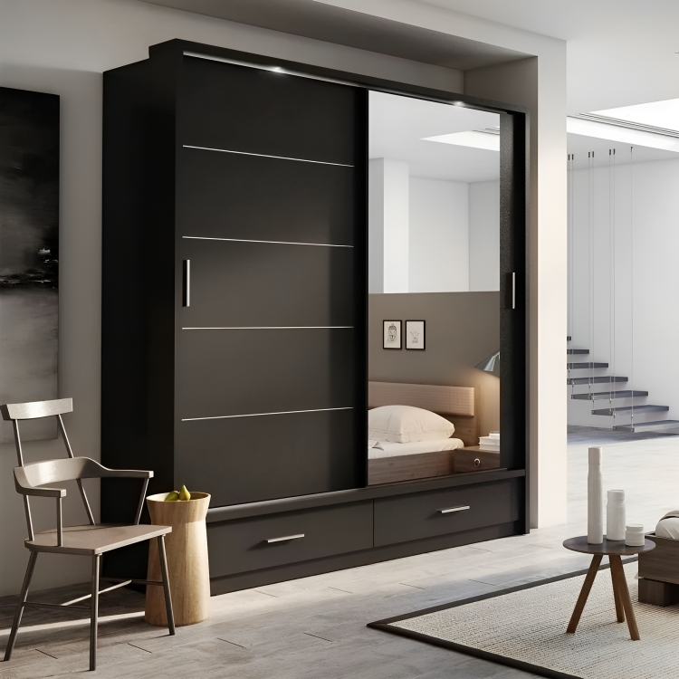 MDF Black Wardrobe 2 Doors - 200cm x 50cm x 200cm.