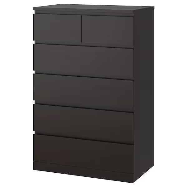 MDF Black Brown 6-Drawer Chest - 122cm × 45cm × 80cm.