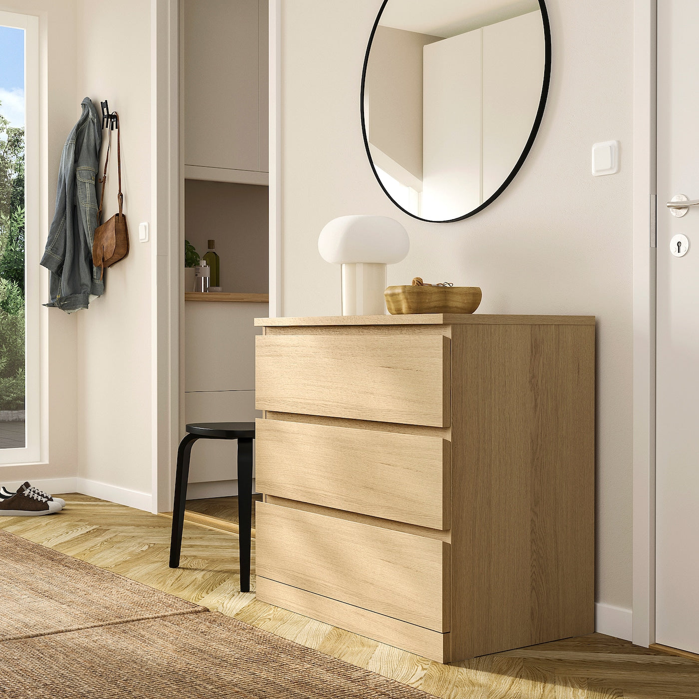 Oak 3 Drawer Unit - 76cm × 45cm × 78cm.