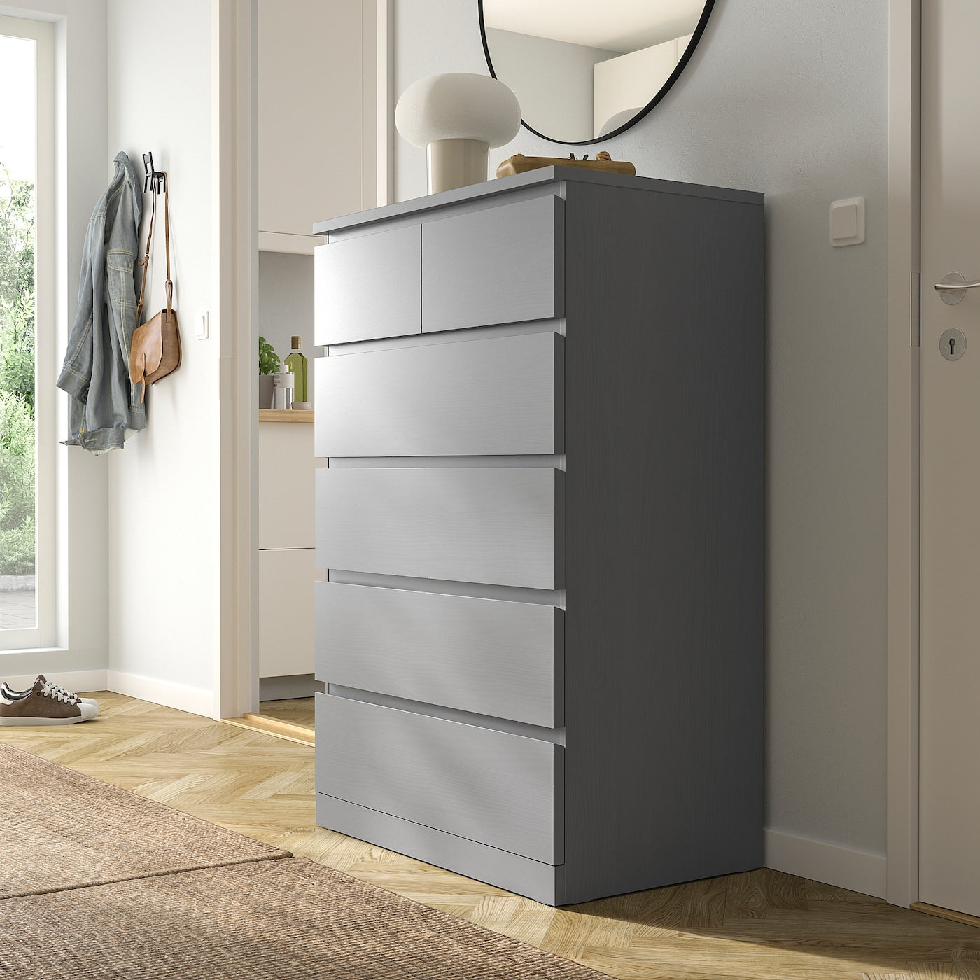 Gray 6 Drawer Unit - 123cm × 45cm × 78cm.