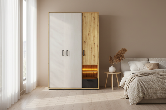 Qubic 03 - خزانة ملابس بثلاثة أبواب من خشب MDF باللون الأبيض والبلوط - 120x50x200 سم.