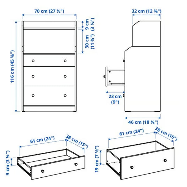 White Drawers Unit 3 drawers 70x46x116cm