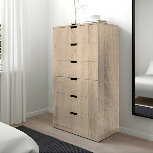 Oak Chest of 6 Drawer - 146cm × 42cm × 80cm.