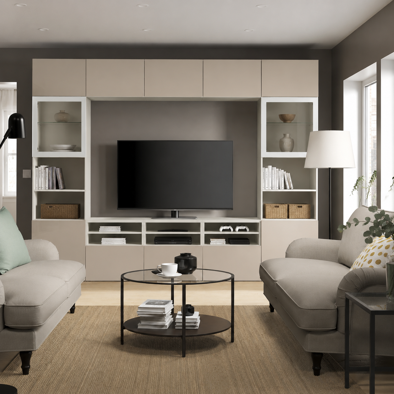 Delta TV storage combination with glass doors, 300x42x231 cm