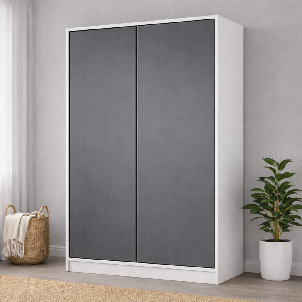 MDF White and Grey Wardrobe 2 Doors - 120x40x200cm.