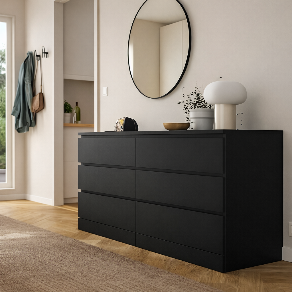 MDF Black 6 Drawer Unit - 160×45×78cm.