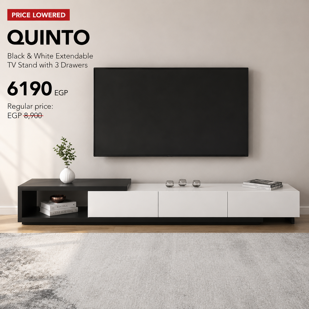 QUINTO Black & White Extendable TV Stand with 3 Drawers