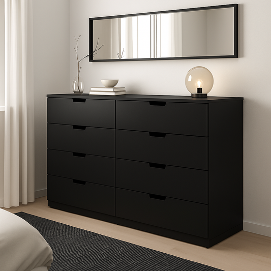 MDF Black Chest of 8 Drawer - 160cm × 42cm × 97cm.