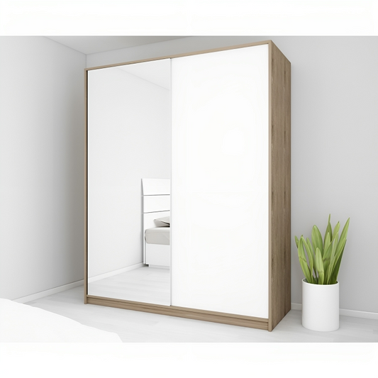 MDF White and Beige Wardrobe 2 Doors  - 200cm x 60cm x 140cm.