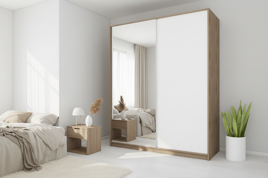 MDF White and Beige Wardrobe 2 Doors  - 140x60x200cm.