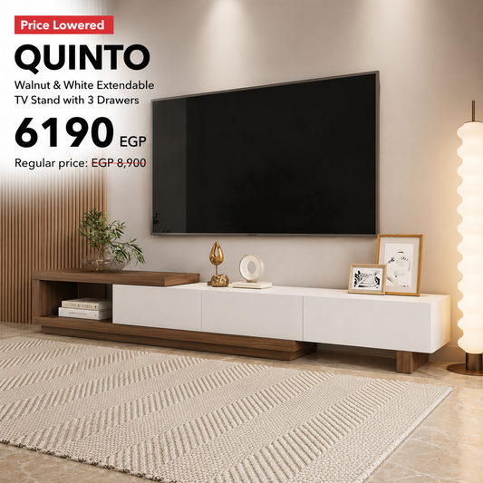 كوينتو حامل تلفزيون قابل للتمديد باللون الجوزي والأبيض مع 3 أدراج
