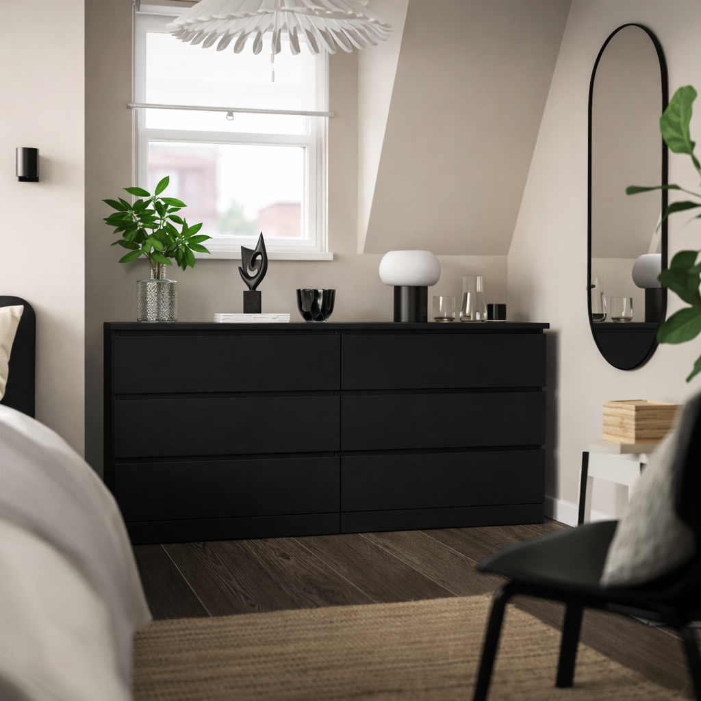 MDF Black 6 Drawer Unit - 160×45×78cm.