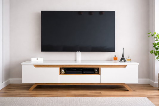 Aureo TV Unit – White & Wood with Doors, Drawer & Open Shelf – 160×40×40cm