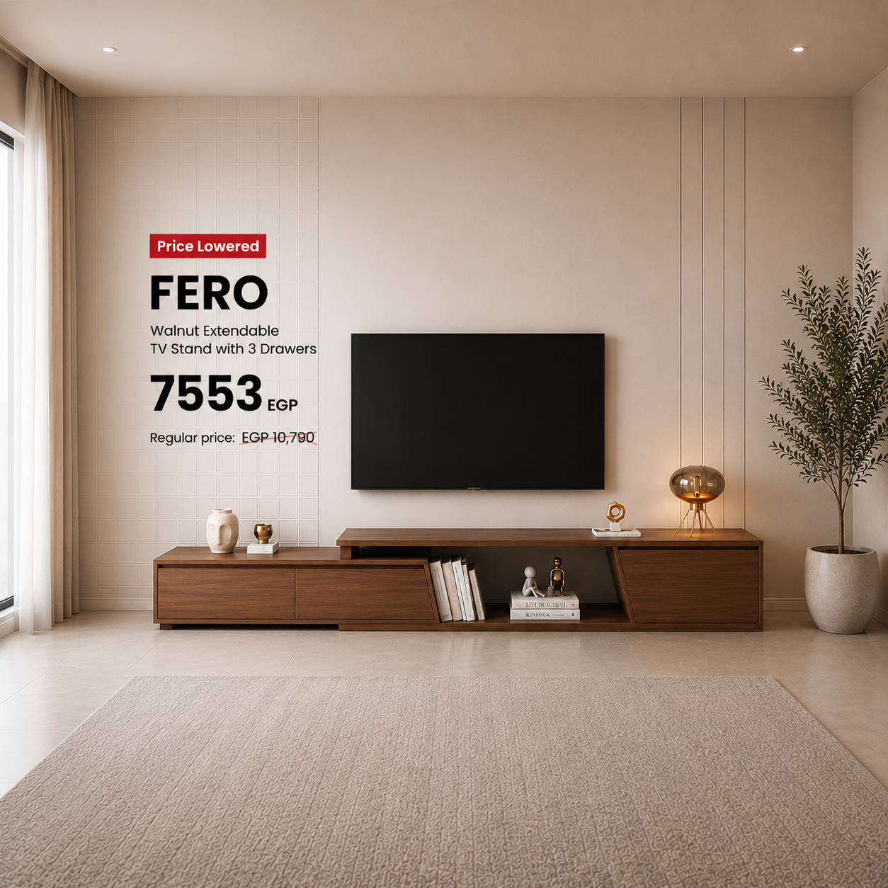 FERO Walnut Extendable TV Stand with 3 Drawers
