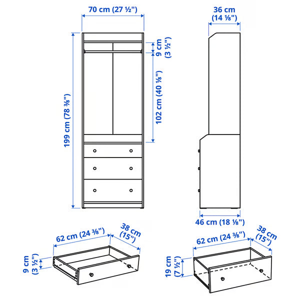Kuga Open wardrobe with 3 drawers, 70x46x199cm
