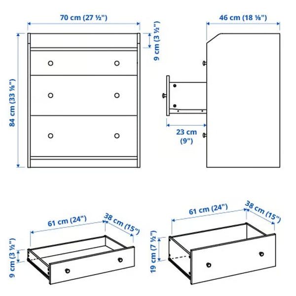 MDF Chest of 3 Drawers - 70x46x84cm - [H3]