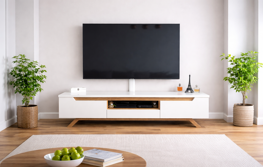 Aureo TV Unit – White & Wood with Doors, Drawer & Open Shelf – 160×40×40cm