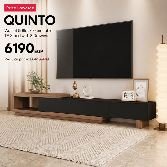 QUINTO Walnut & Black Extendable TV Stand with 3 Drawers