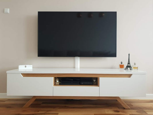 Aureo TV Unit – White & Wood with Doors, Drawer & Open Shelf – 160×40×40cm