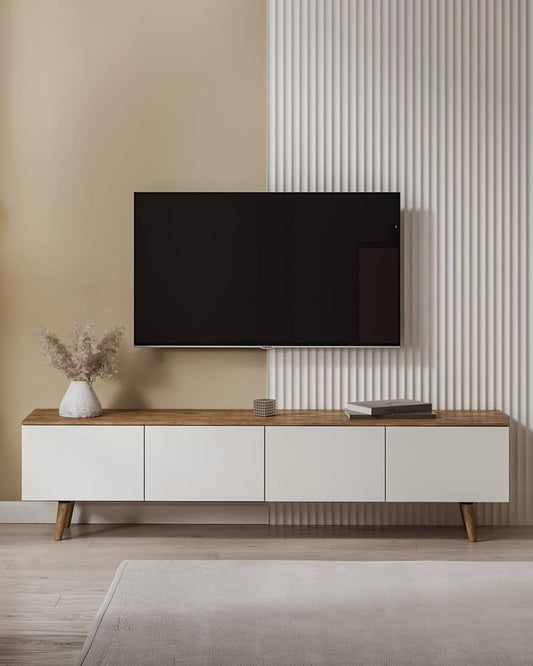Alvera White & Wood TV Unit with 4 Drawers – 120x40x50cm