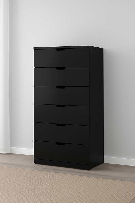 MDF Black Chest of 6 Drawer- 80cm × 42cm × 146cm.