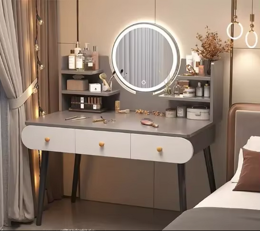Lusso Grey & White Vanity Table with Mirror & Shelves – 120x40x130cm