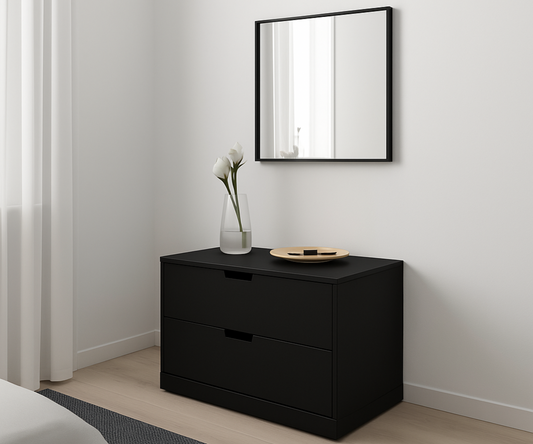 MDF Black Chest of 2 Drawer - 80cm × 52cm × 42cm.
