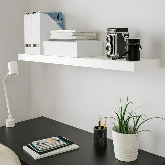 MDF White Wood Wall Shelf  - 5cm × 24cm × 110cm.