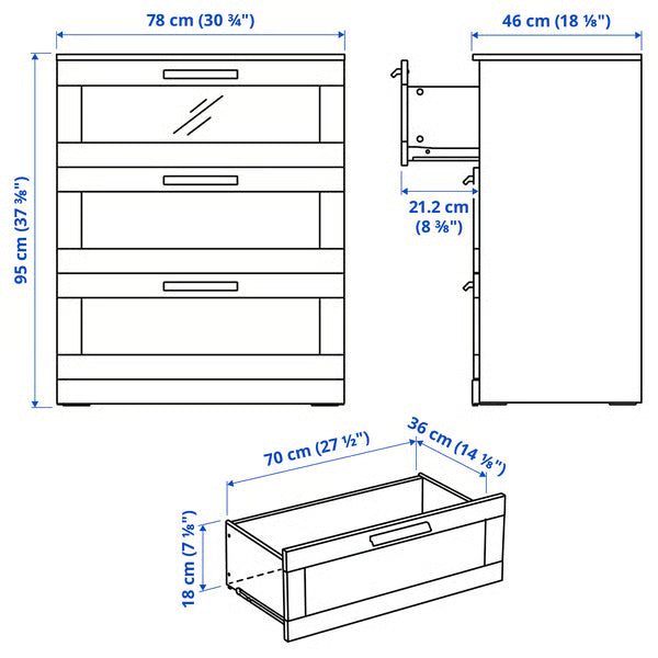 خزانة أدراج بريملوك بثلاثة أدراج 78×46×95 سم
