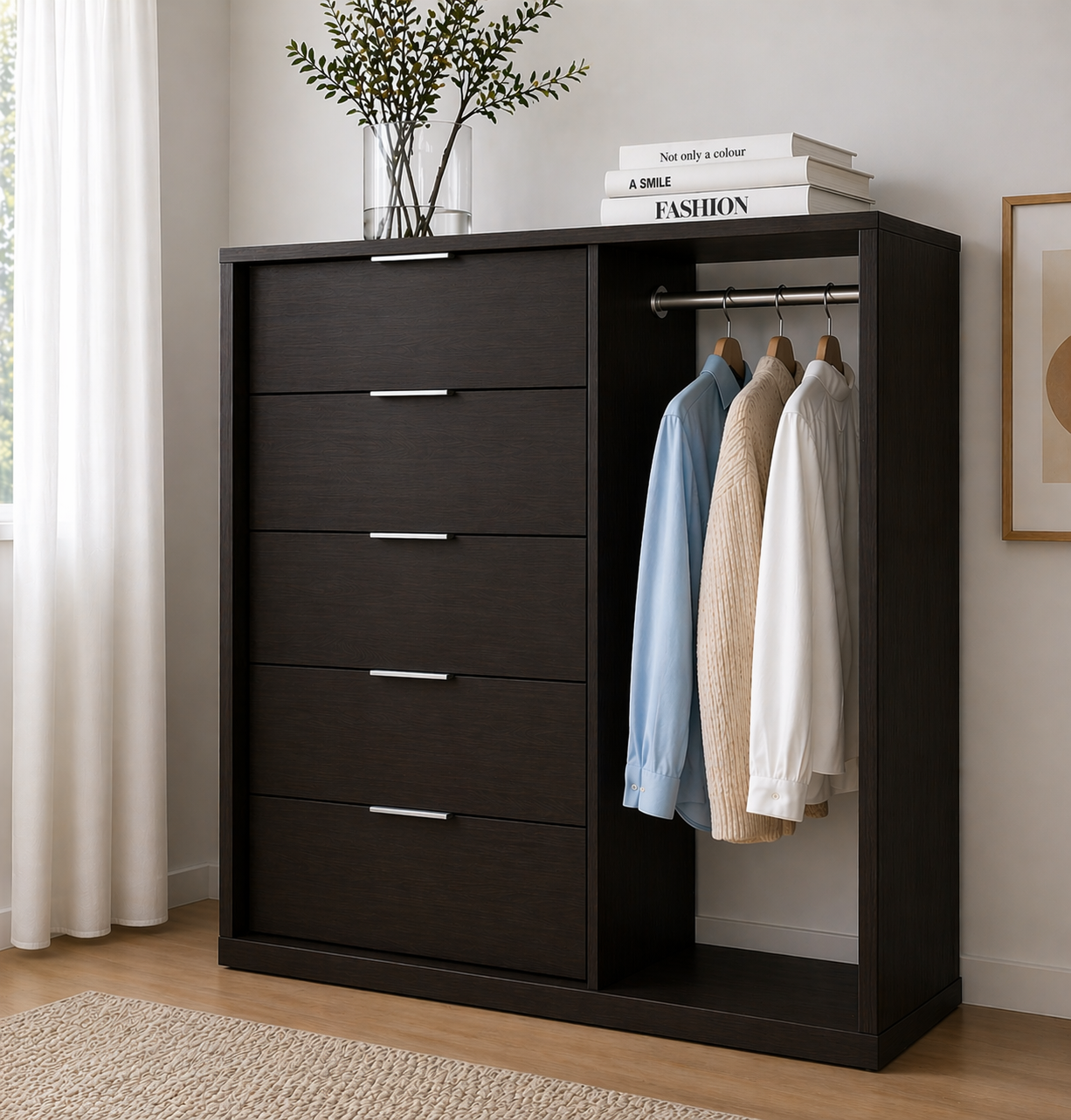 Normela Hybrid Storage Station | 5-Drawer Chest & Integrated Hanging Rail, 120x50x120cm