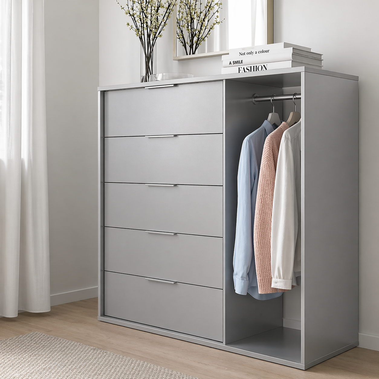 Normela Hybrid Storage Station | 5-Drawer Chest & Integrated Hanging Rail, 120x50x120cm